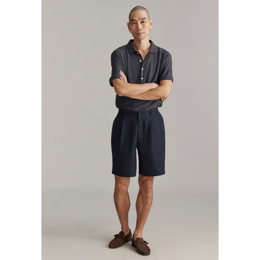 Billy‎ Reid Double Pleated Short Carbon Blue Linen Shorts 36